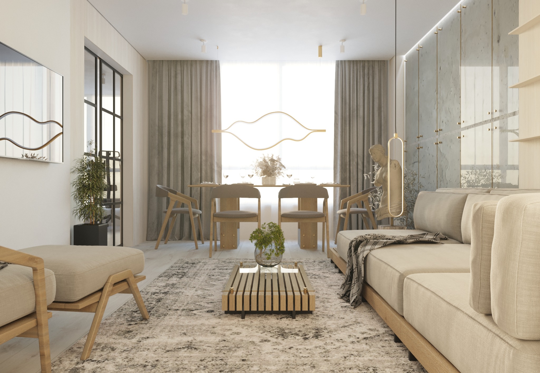 Jasne wnętrze z drewnianymi meblami: stół z krzesłami, sofa z narzutą, stolik kawowy z rośliną, oświetlenie w kształcie fali, dekoracyjna ściana z elementami złota.
