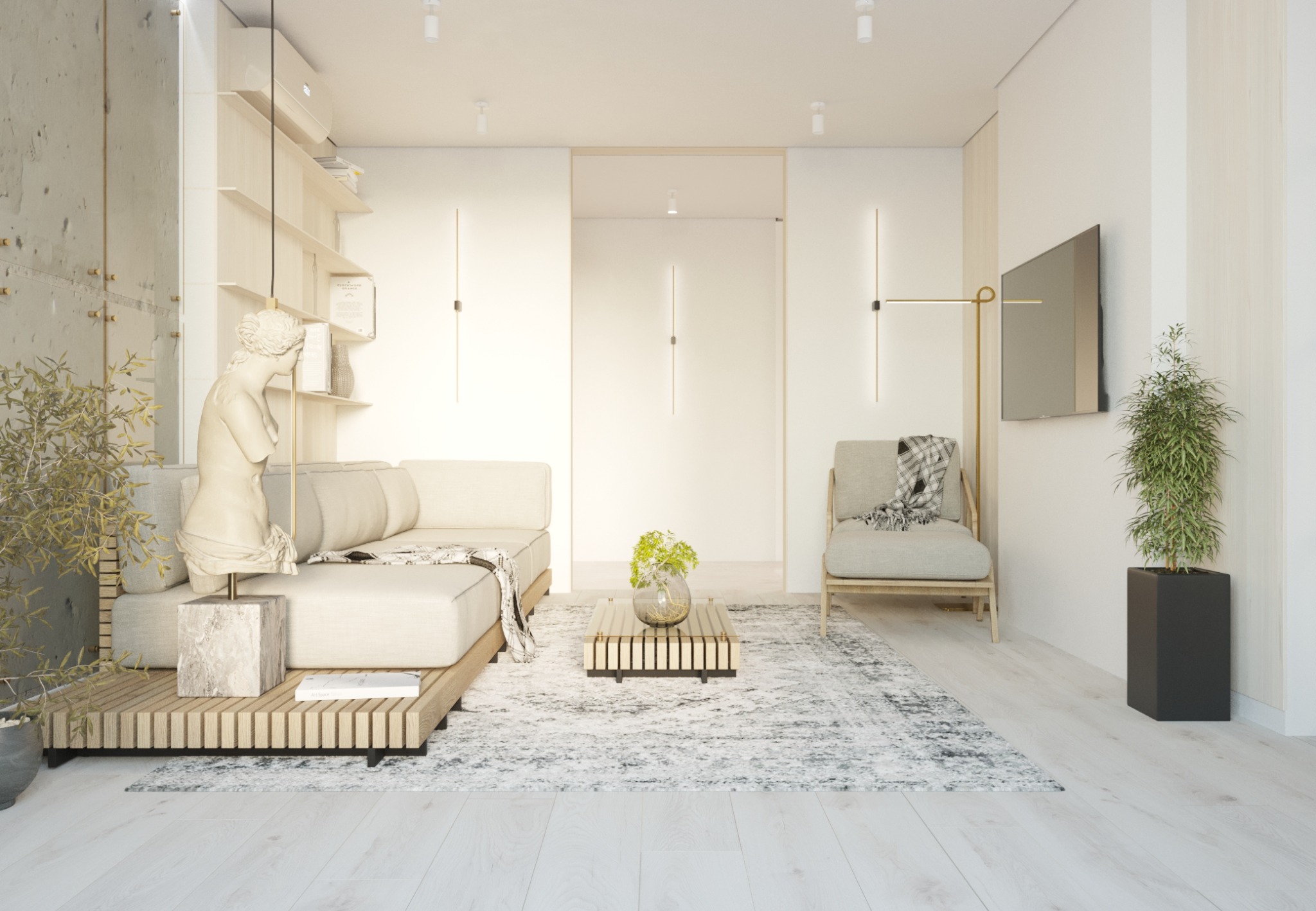 Jasne, minimalistyczne wnętrze salonu z sofą na drewnianym podeście, rzeźbą, stolikiem kawowym z kwiatami i roślinami w donicach, oświetlone listwami LED.