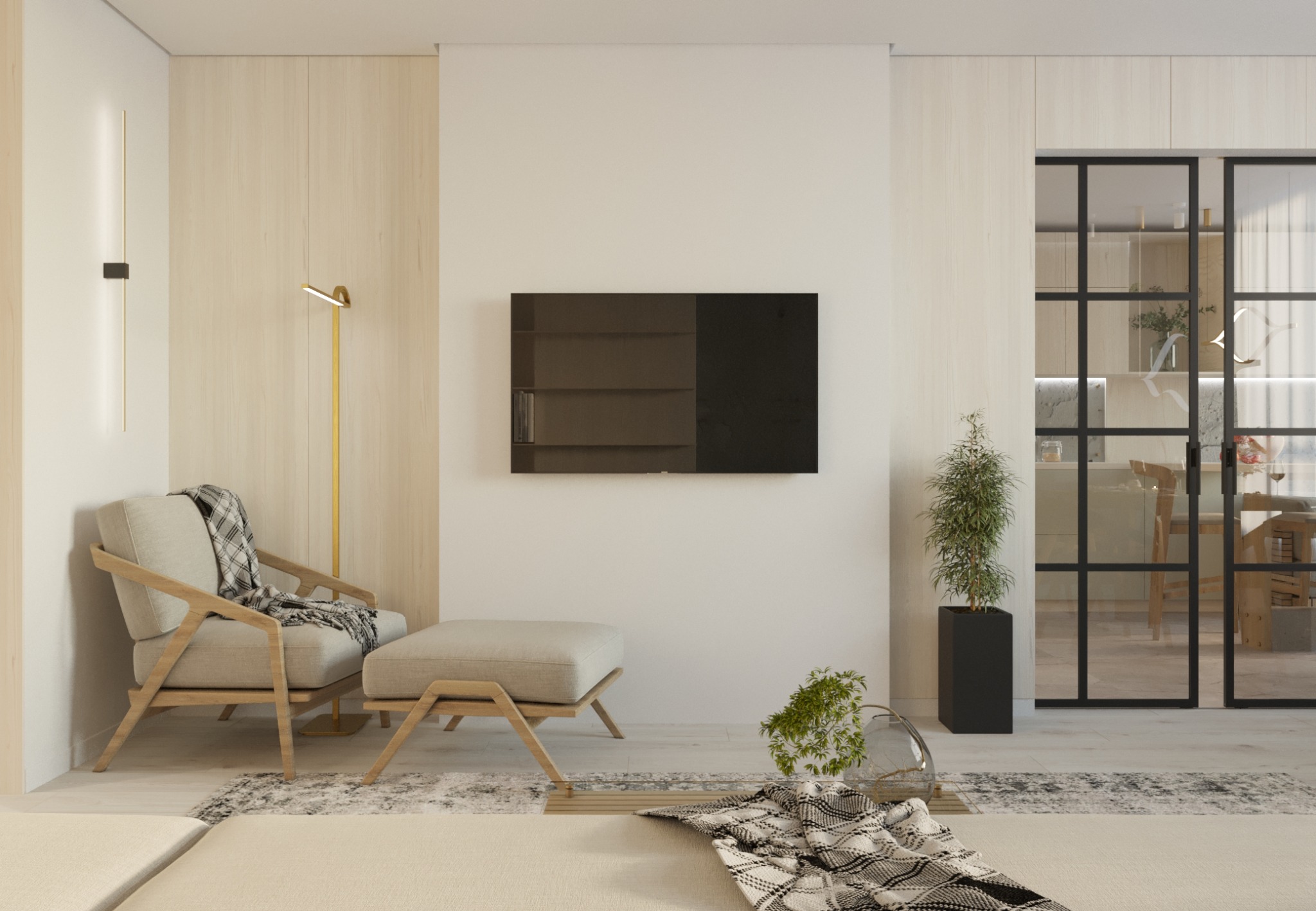 Jasne wnętrze salonu w stylu minimalistycznym z drewnianymi akcentami, fotel z podnóżkiem, telewizor na ścianie, przesuwne drzwi szklane z czarną ramą
