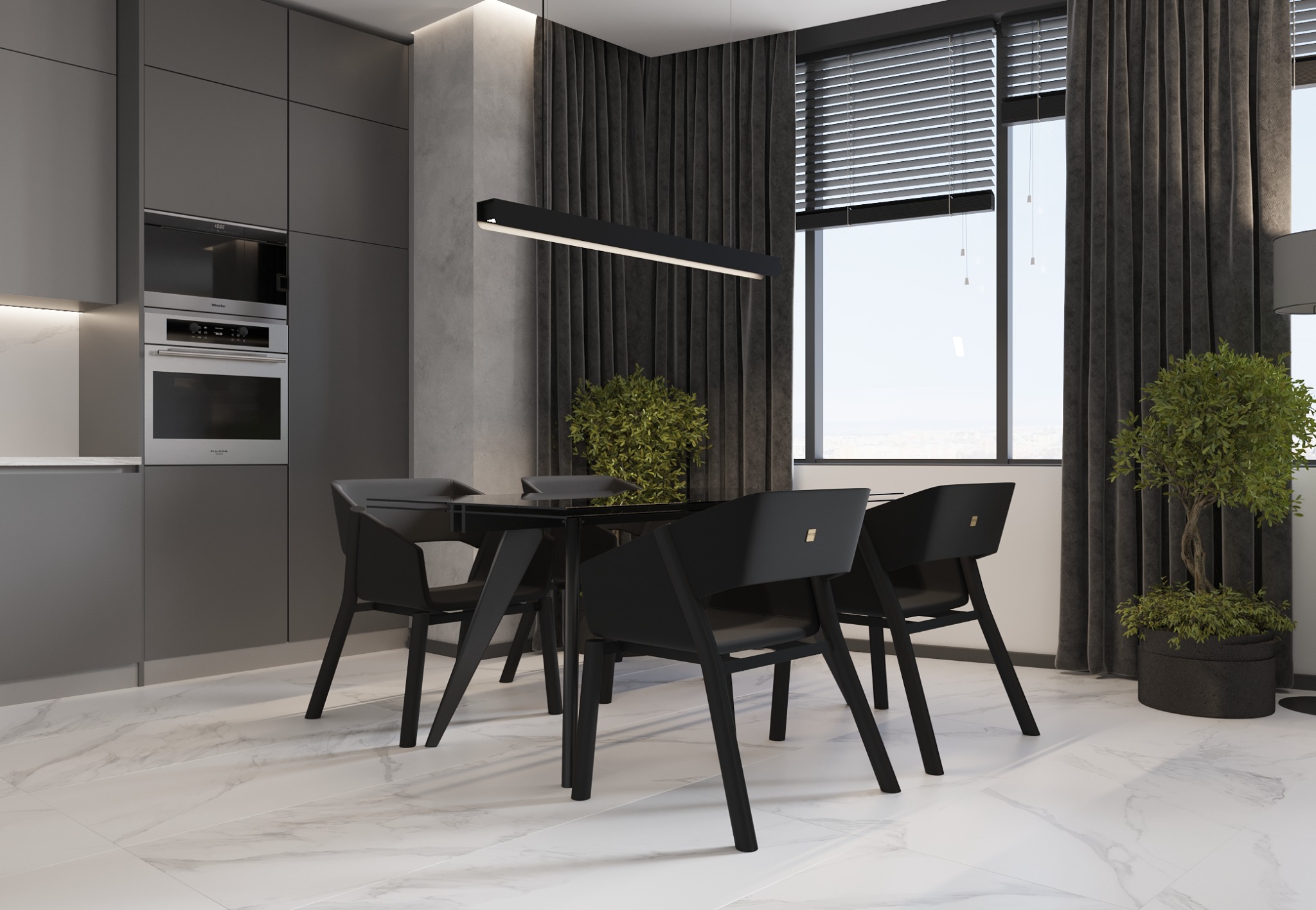 Nowoczesna jadalnia w Warszawie z czarnym stołem i krzesłami na tle szarych szafek kuchennych, marmurowej podłogi i zasłon.