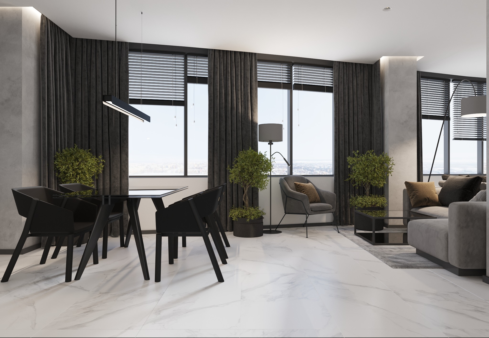 Nowoczesne wnętrze: czarny stół z krzesłami, szara sofa i fotel, marmurowa podłoga, duże okna z zasłonami i rośliny doniczkowe.