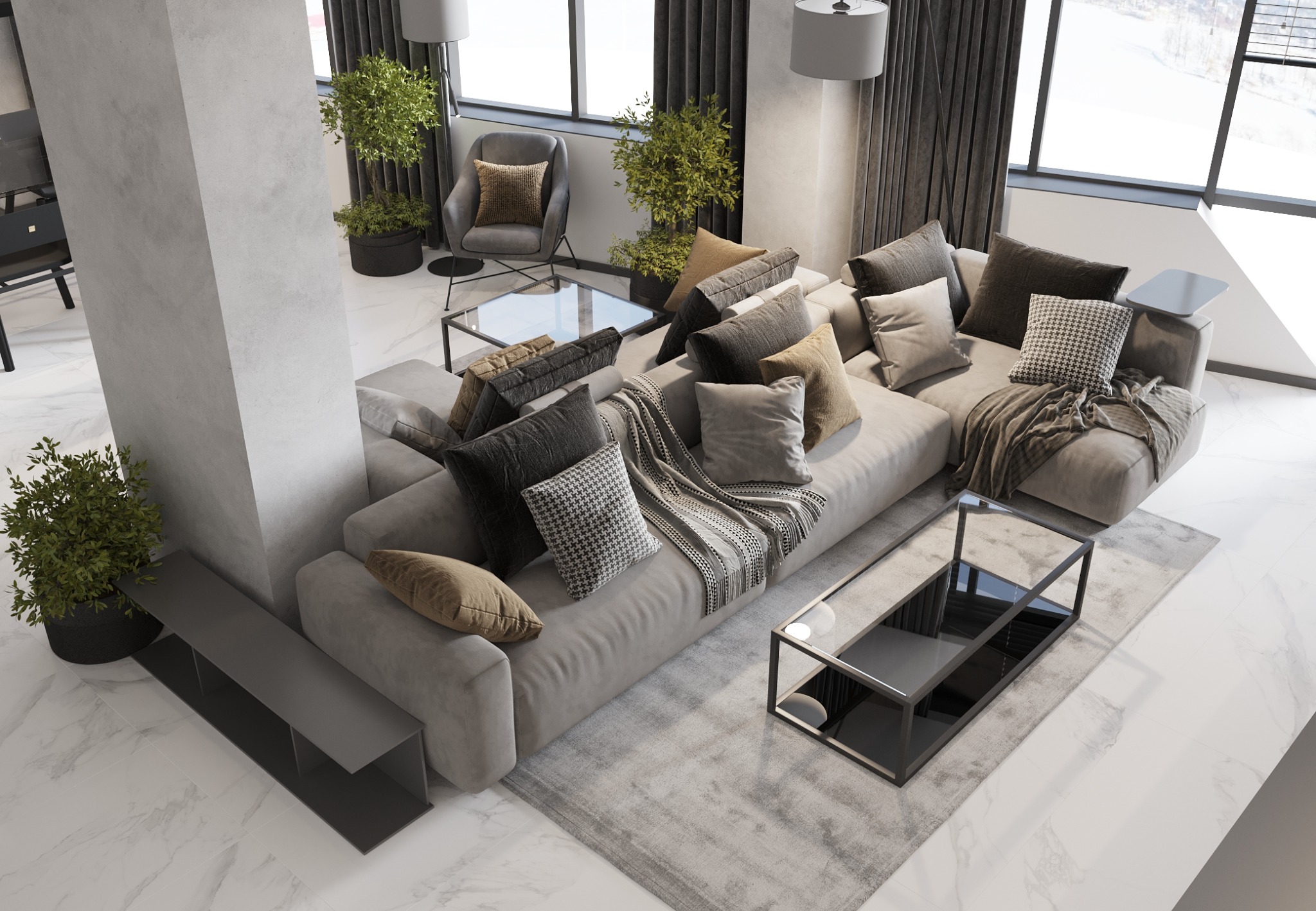 Wnętrze salonu w neutralnych barwach z dużą narożną sofą, szklanymi stolikami kawowymi i roślinami doniczkowymi, widok z góry.