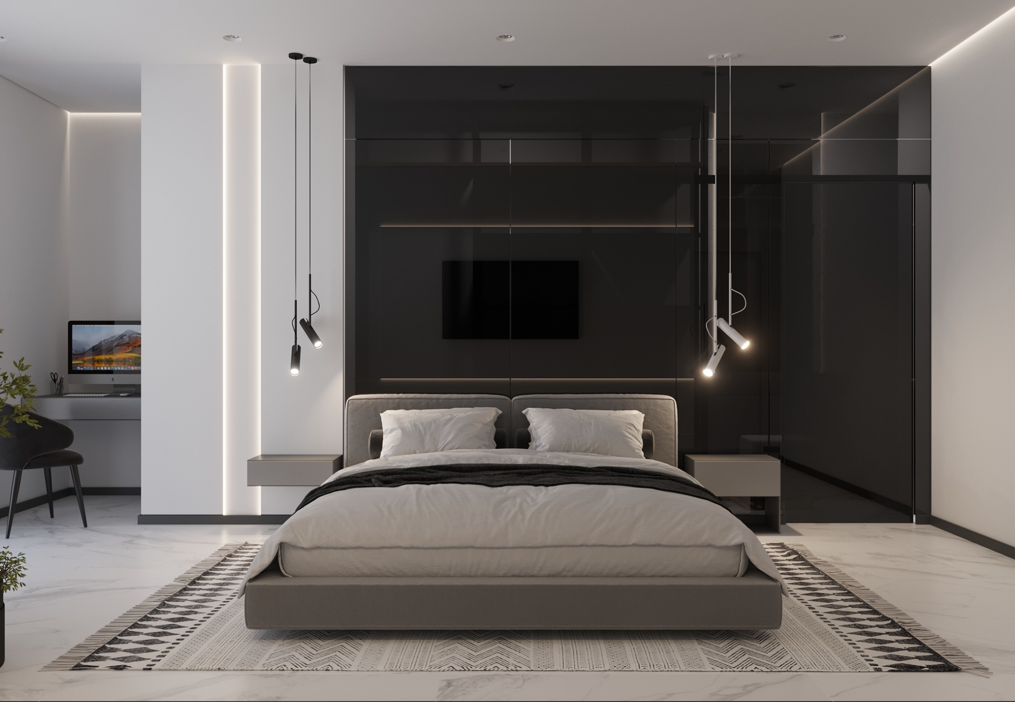 Nowoczesna sypialnia z szarą tapicerowaną ramą łóżka, czarną lakierowaną ścianą z wbudowanym telewizorem, marmurową podłogą i dywanem w geometryczne wzory, uzupełniona o minimalistyczne lampy...