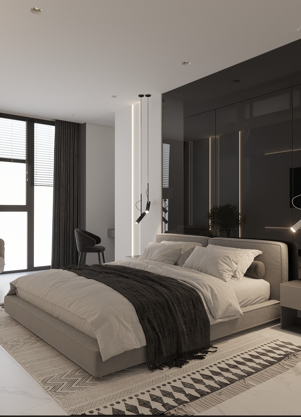 Nowoczesna sypialnia z łóżkiem kontynentalnym, czarną, błyszczącą ścianą z podświetleniem LED i wiszącymi lampami punktowymi, uzupełniona wzorzystym dywanem w odcieniach bieli i szarości.