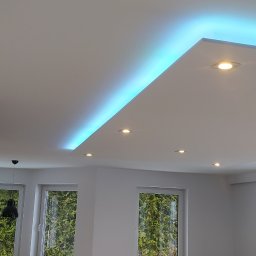 Ah-Pro - Nowoczesny sufit podwieszany z oświetleniem LED w kolorze niebieskim i punktowymi lampami halogenowymi, widoczne okna z zielenią za nimi i fragment ściany z kamienia dekoracyjnego z zawieszonymi...