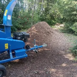 Niebieski rębak do gałęzi stoi obok dużej pryzmy zrębków drzewnych na leśnej ścieżce.