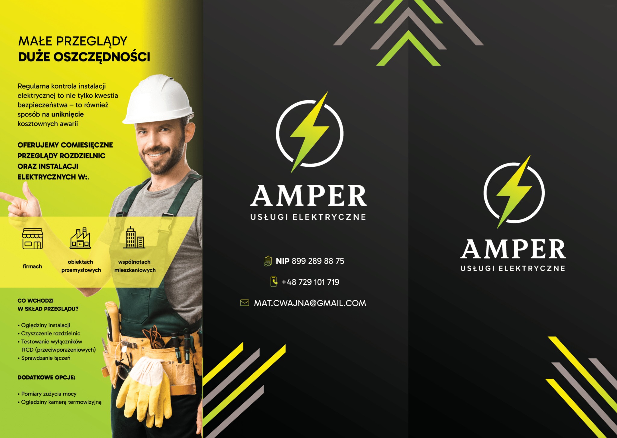 Mężczyzna w kasku i pasie narzędziowym prezentuje ofertę przeglądów instalacji elektrycznych dla firm, obiektów przemysłowych i wspólnot mieszkaniowych. Logo firmy Amper.