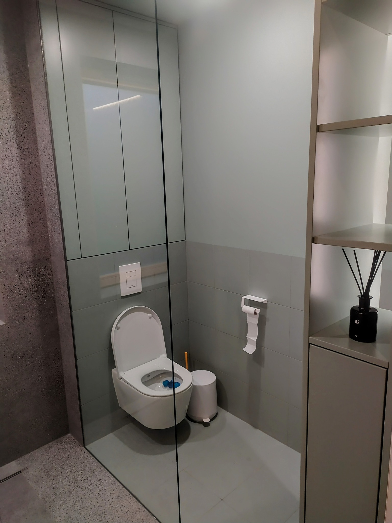 Nowoczesna łazienka z toaletą, szklaną ścianką działową i minimalistycznym regałem. Szare płytki i stonowana kolorystyka tworzą elegancki wystrój.