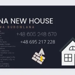 Grafika reklamowa firmy budowlanej Igna New House z zakresem usług, numerami telefonów i ikonami wałka malarskiego, cegieł z kielnią oraz domu z sercem.