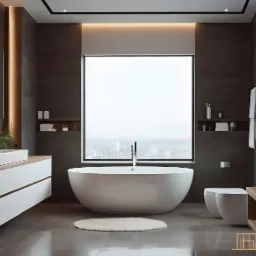 Nowoczesna łazienka z wolnostojącą wanną, umywalkami nablatowymi na drewnianych szafkach i dużym oknem z widokiem na miasto.