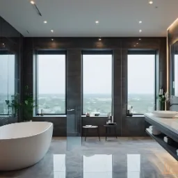 Nowoczesna łazienka z wolnostojącą wanną, podwójną umywalką na blacie, dużymi oknami z widokiem na miasto i szarymi płytkami.