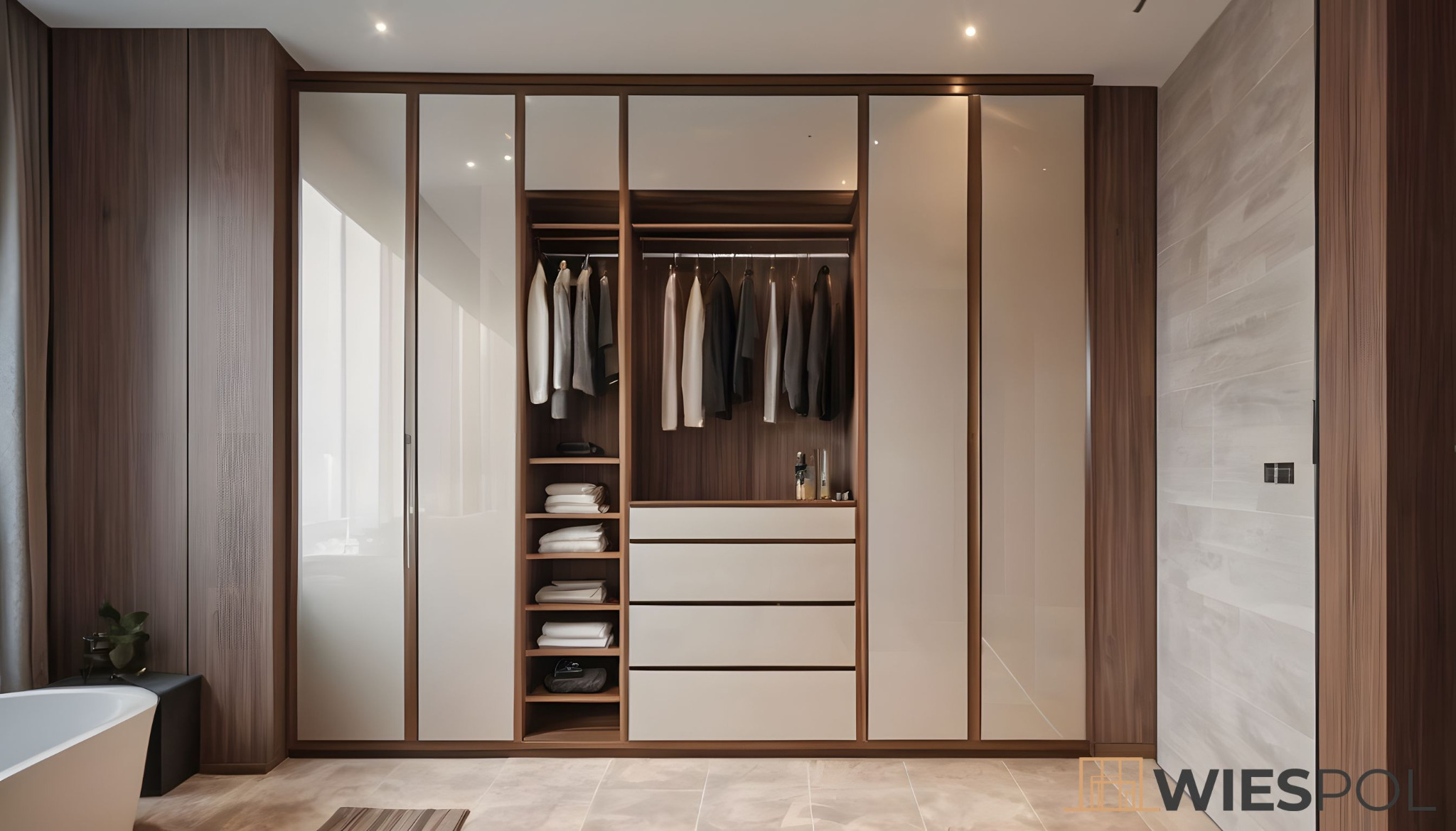 Nowoczesna szafa wnękowa z przesuwnymi, lakierowanymi frontami w kolorze kremowym, z brązowymi akcentami, w łazience z wanną i marmurową ścianą.