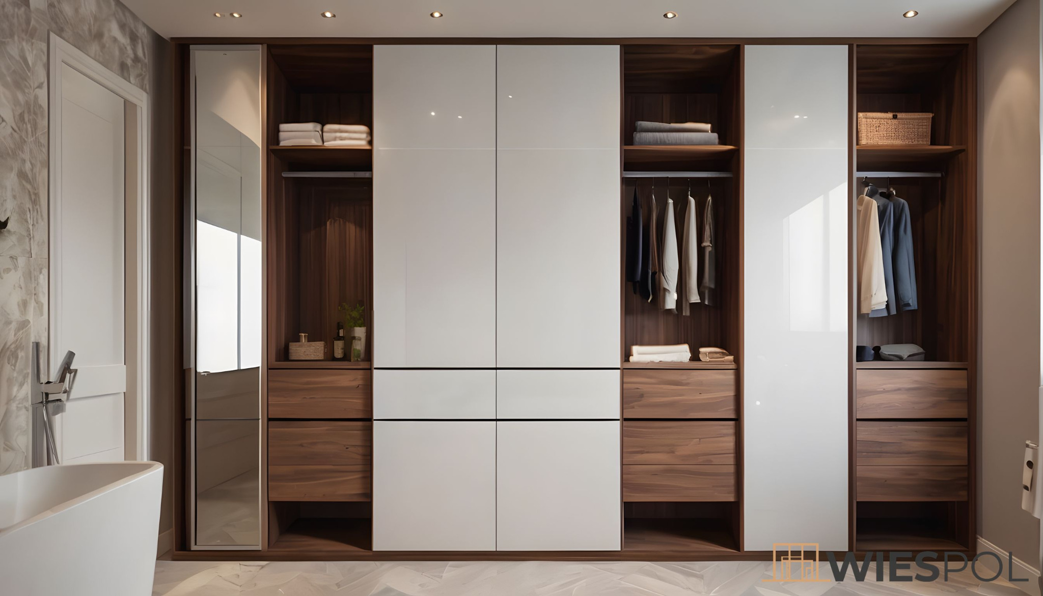 Nowoczesna szafa wnękowa z białymi frontami i drewnianymi elementami, zorganizowana przestrzeń z półkami, szufladami i wieszakami na ubrania, widoczna w tle łazienka z wanną.