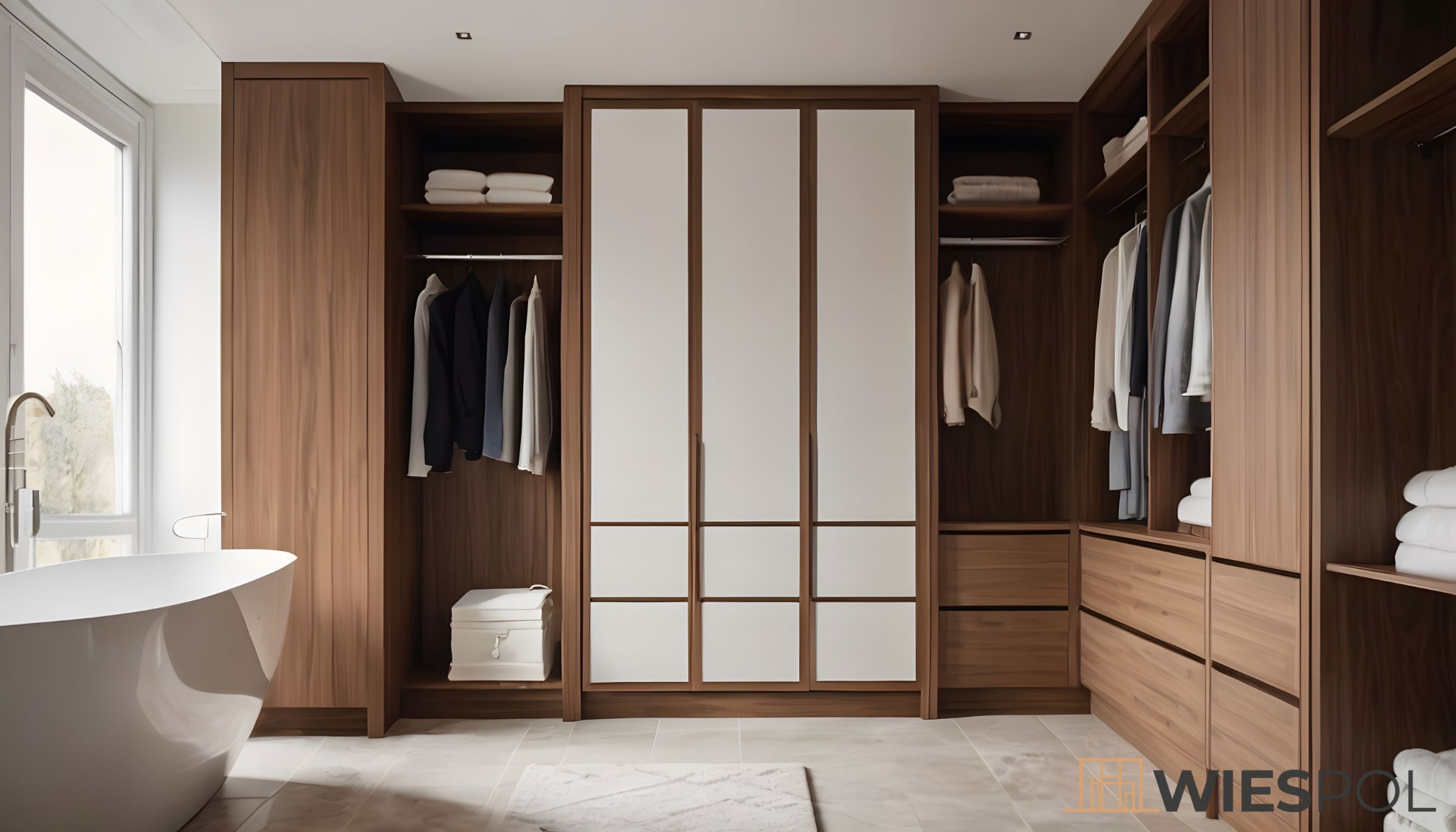 Przestronna garderoba z szafami wnękowymi z ciemnego drewna i białymi frontami, zintegrowana z łazienką, widoczna wanna wolnostojąca.