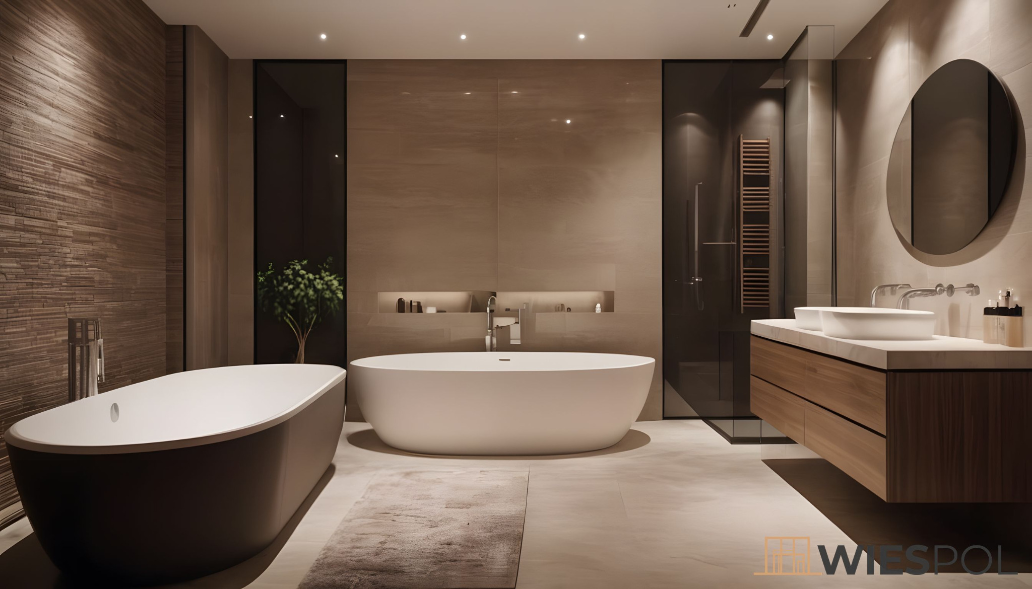 Nowoczesna łazienka w stonowanych beżach i brązach z dwiema wolnostojącymi wannami, umywalkami nablatowymi na drewnianej szafce i szklanym prysznicem typu walk-in.