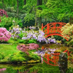 Spokojny ogród japoński z czerwonym mostkiem, kwitnącymi azaliami i wisterią, odbijający się w stawie.