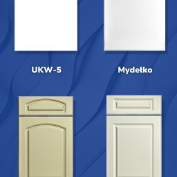 Przedsiębiorstwo Usługowo Handlowe Apado Adam Samsin - Cztery próbki frontów meblowych: dwa gładkie białe (UKW-5, Mydetko) i dwa frezowane (Łuk, Rodos) na niebieskim tle z delikatnym wzorem.