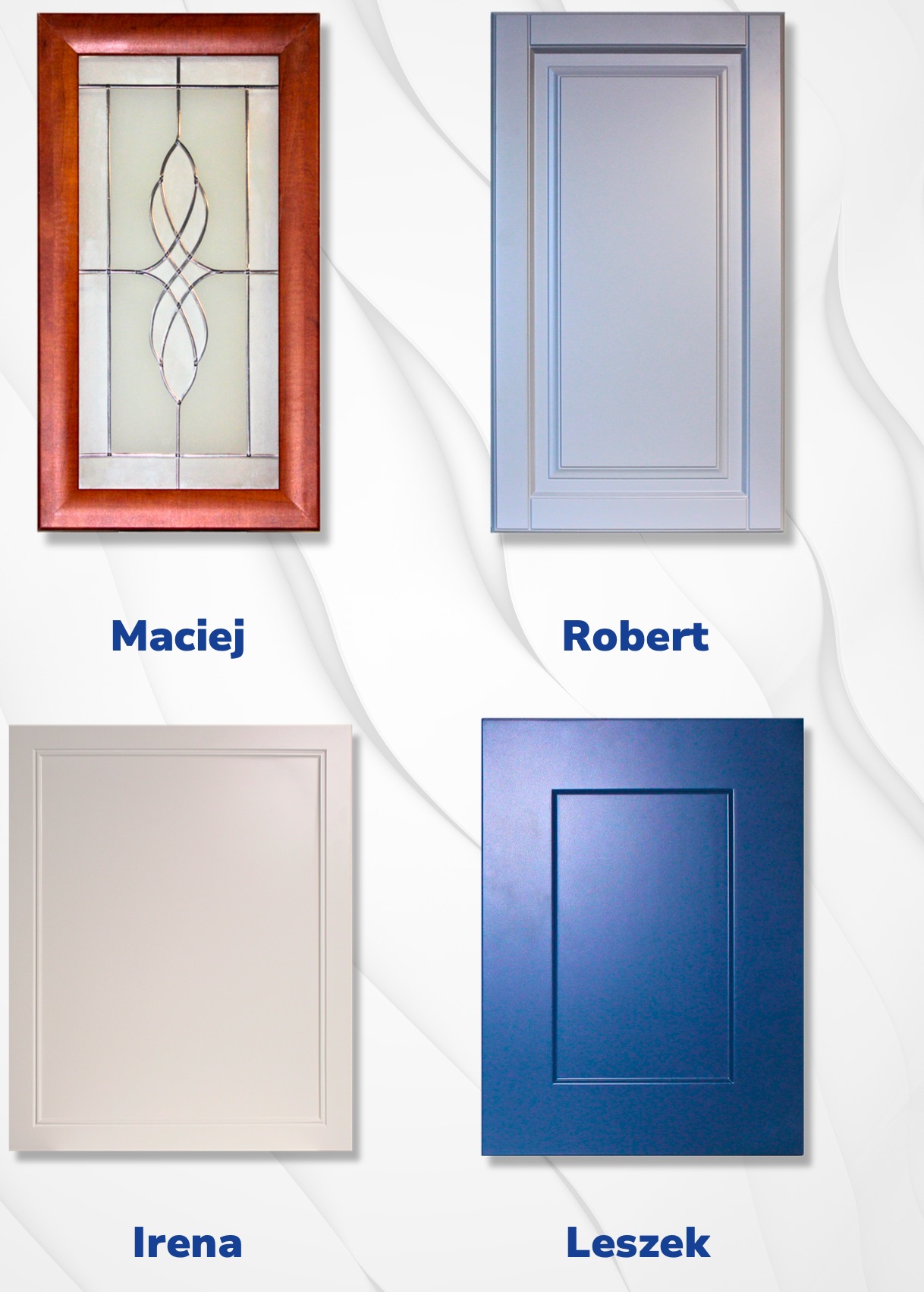 Cztery różne fronty meblowe: z witrażem w drewnianej ramie, szary, kremowy i niebieski z wgłębieniem. Prezentacja wzorów.