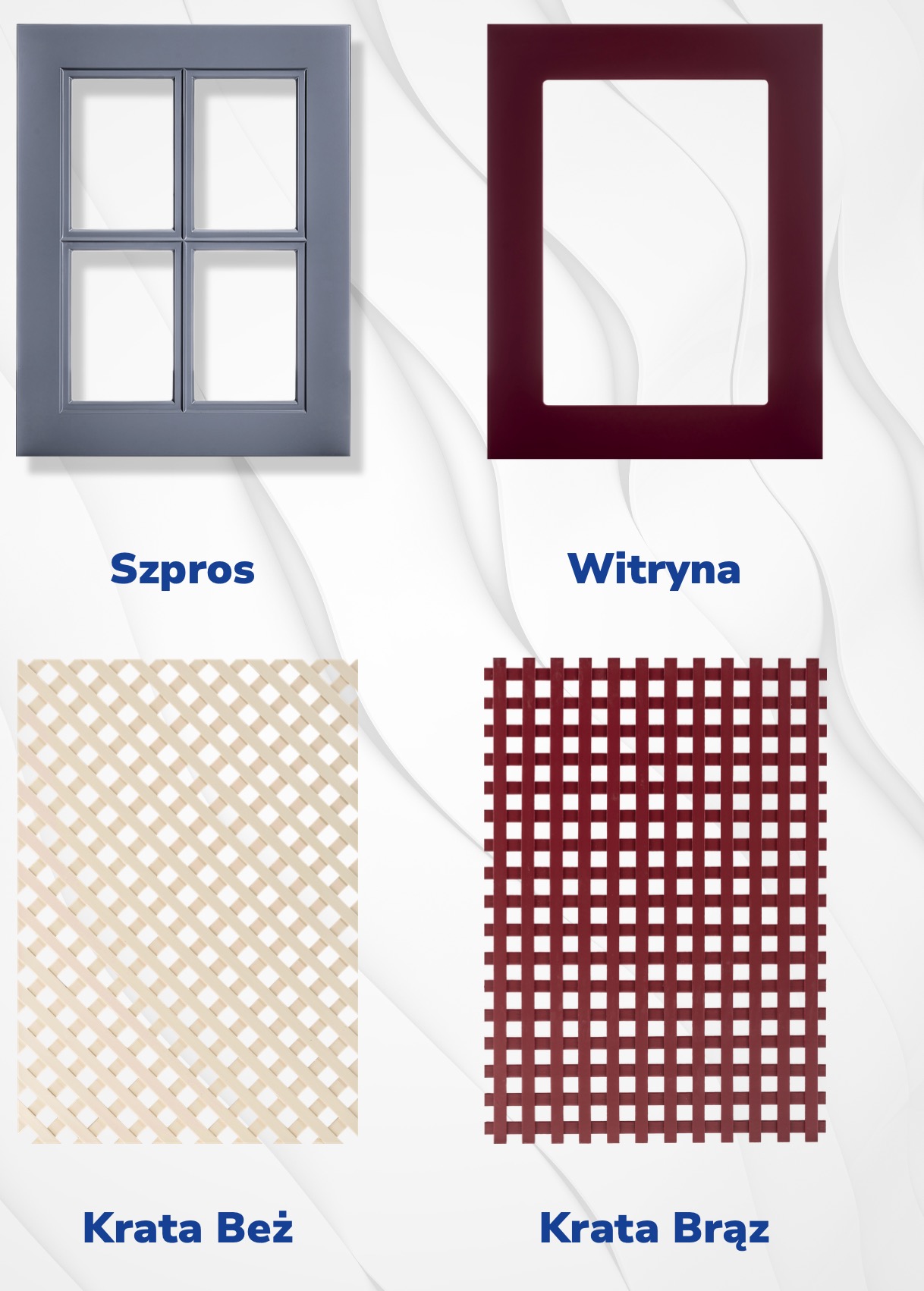 Kompozycja z szprosami okiennymi, witryną, beżową i brązową kratą na białym tle z delikatnym wzorem. Elementy prezentowane w zbliżeniu.