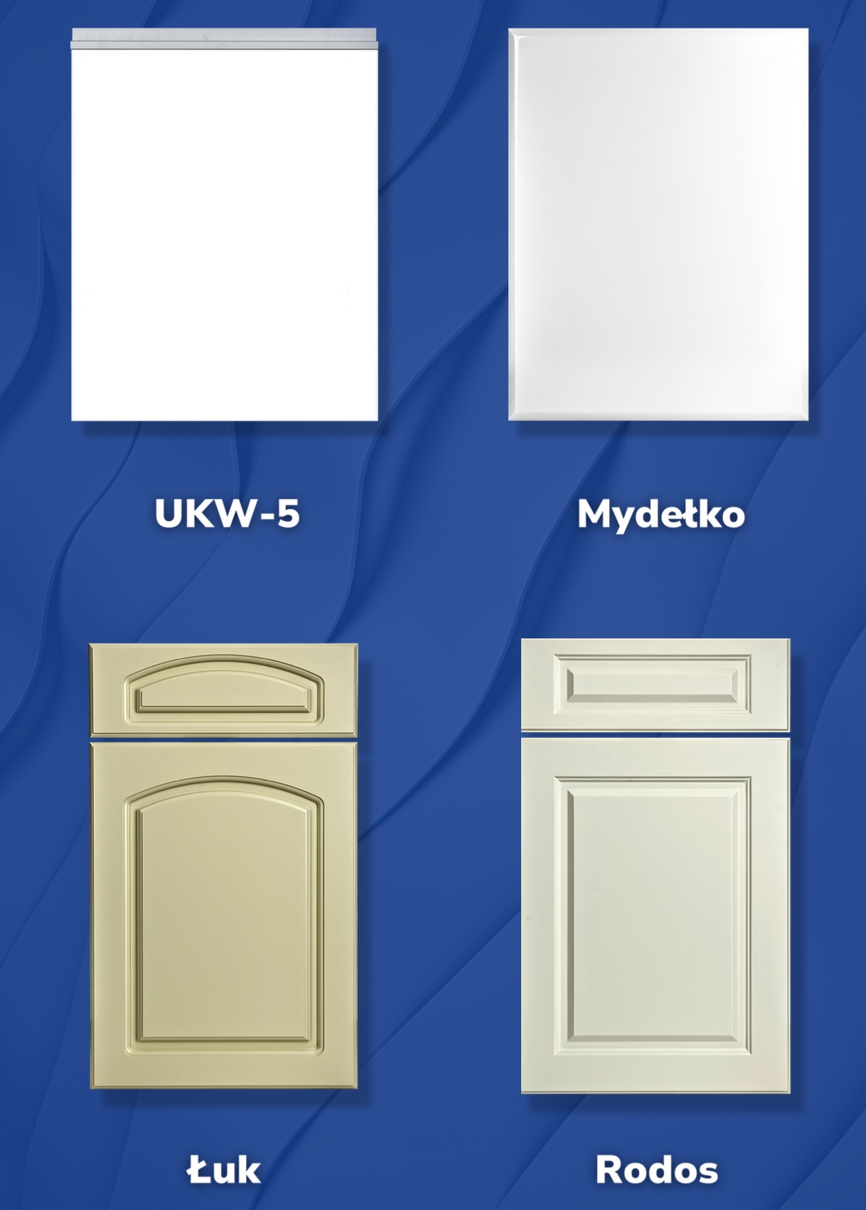 Cztery próbki frontów meblowych: dwa gładkie białe (UKW-5, Mydetko) i dwa frezowane (Łuk, Rodos) na niebieskim tle z delikatnym wzorem.