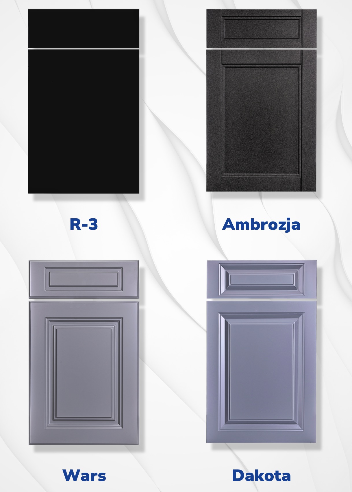 Cztery próbki frontów meblowych w różnych kolorach i wzorach: R-3 (czarny), Ambrozja (grafitowy), Wars (szary) i Dakota (fioletowy).
