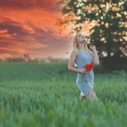 Blondynka w szarej sukience, trzymająca bukiet czerwonych maków, stoi na polu zielonej trawy pod pomarańczowo-różowym niebem o zachodzie słońca; opadające płatki kwiatów.