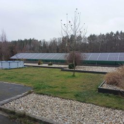 ASFROS SP. Z O.O. - Długa instalacja paneli słonecznych na zielonym dachu, widoczna z perspektywy ogrodu z kamienną ścieżką i basenem stelażowym w tle lasu, pochmurny dzień.