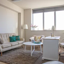 Jasny gabinet psychoterapeuty: beżowa sofa z turkusowymi poduszkami, biały stolik kawowy z dekoracjami, biurko z lampką, fotel biurowy, duże okno z roletą.