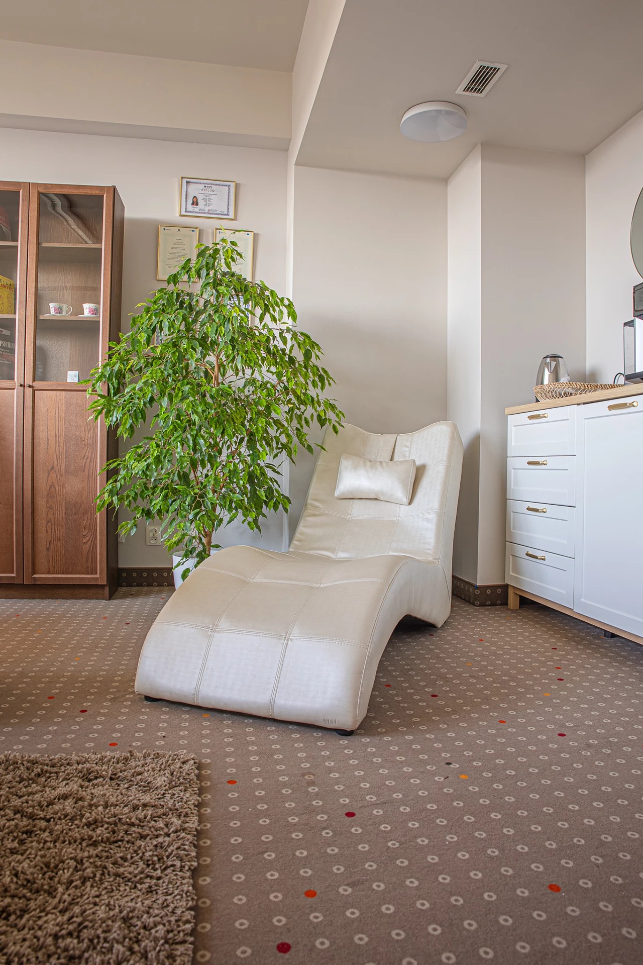 Jasny, skórzany leżak z poduszką w gabinecie z dyplomami na ścianie, zielonym drzewkiem w doniczce, brązową szafką i białymi komodami.