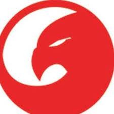 Czerwone logo firmy w kształcie głowy drapieżnego ptaka, prawdopodobnie sokoła, wpisane w okrąg.