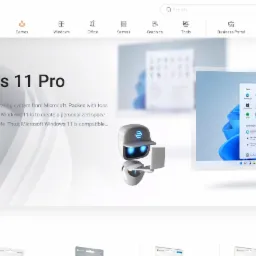 Strona internetowa sklepu Softflix.com prezentująca system Windows 11 Pro z robotem trzymającym laptopa w stylu minimalistycznym.