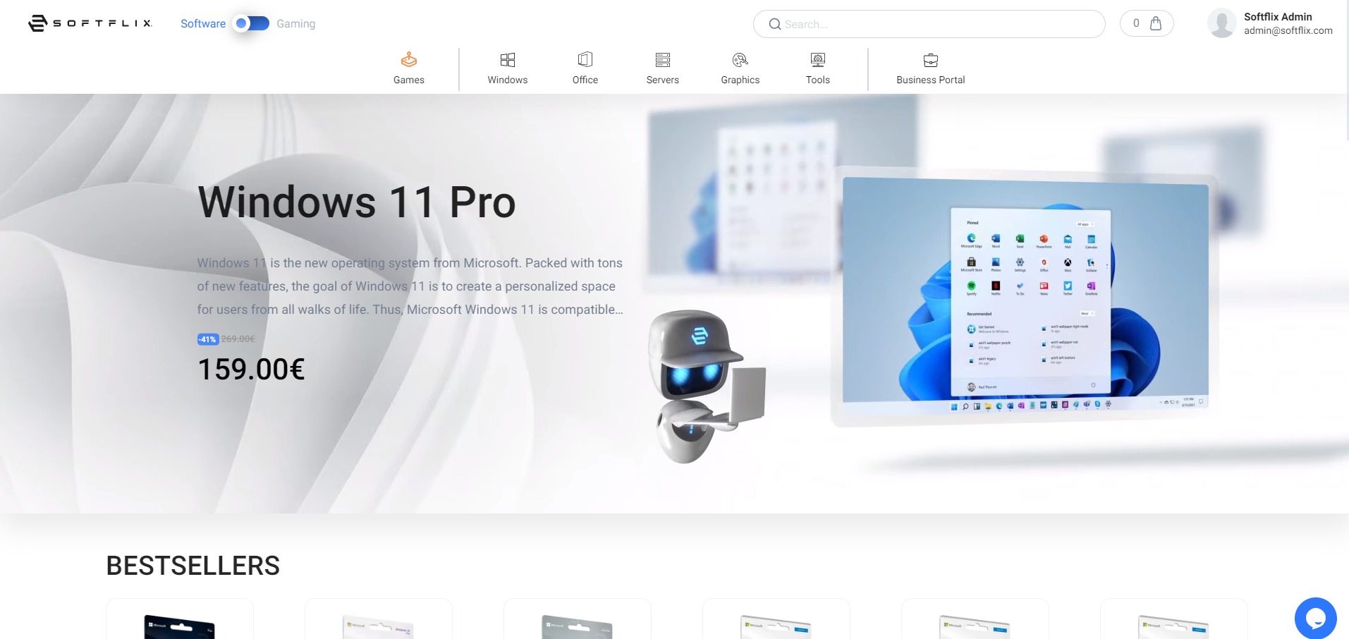 Strona internetowa sklepu Softflix.com prezentująca system Windows 11 Pro z robotem trzymającym laptopa w stylu minimalistycznym.