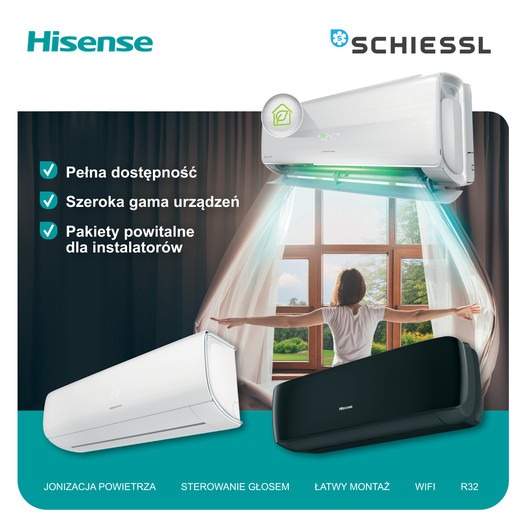 Grafika reklamowa prezentująca trzy modele urządzeń do regulacji temperatury powietrza: biały na ścianie nad oknem, biały i czarny na dole, z zielonym strumieniem powietrza i sylwetką osoby w oknie.