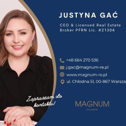 Justyna Gać - właściciel, licencjonowany pośrednik w obrocie nieruchomościami lic. nr 21304. Pracuje w  branży nieruchomości od 2010 roku. Specjalizacja: sprzedaż i wynajem mieszkań, domów i działek. Warszawa i okolice.