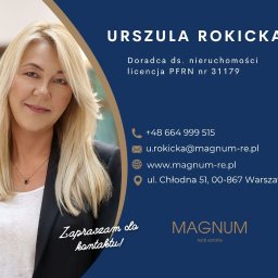 Urszula Rokicka  -  Doświadczony, licencjonowany pośrednik w obrocie nieruchomościami, licencja nr 31 179.
Specjalizacja: sprzedaż i wynajem mieszkań i domów, Warszawa i okolice.