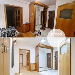 MAGNUM REAL ESTATE - Korytarz mieszkania: widok przed remontem z suszarką i po remoncie z czystą podłogą. Układ szafy i grzejnika zachowany, ściany odświeżone.