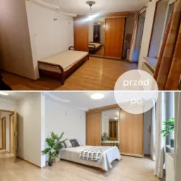 Zdjęcie pokoju przed i po odświeżeniu. Na górze: skromne wyposażenie. Na dole: odnowione wnętrze z roślinami i dekoracyjną pościelą, jasne ściany i podłoga.