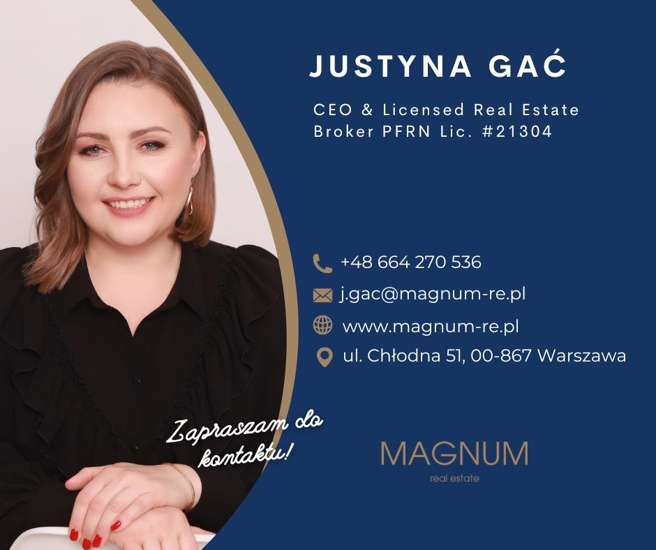 Portret Justyny Gać, licencjonowanej pośredniczki nieruchomości z Magnum Real Estate. Kontakt: telefon, email, strona www, adres w Warszawie.