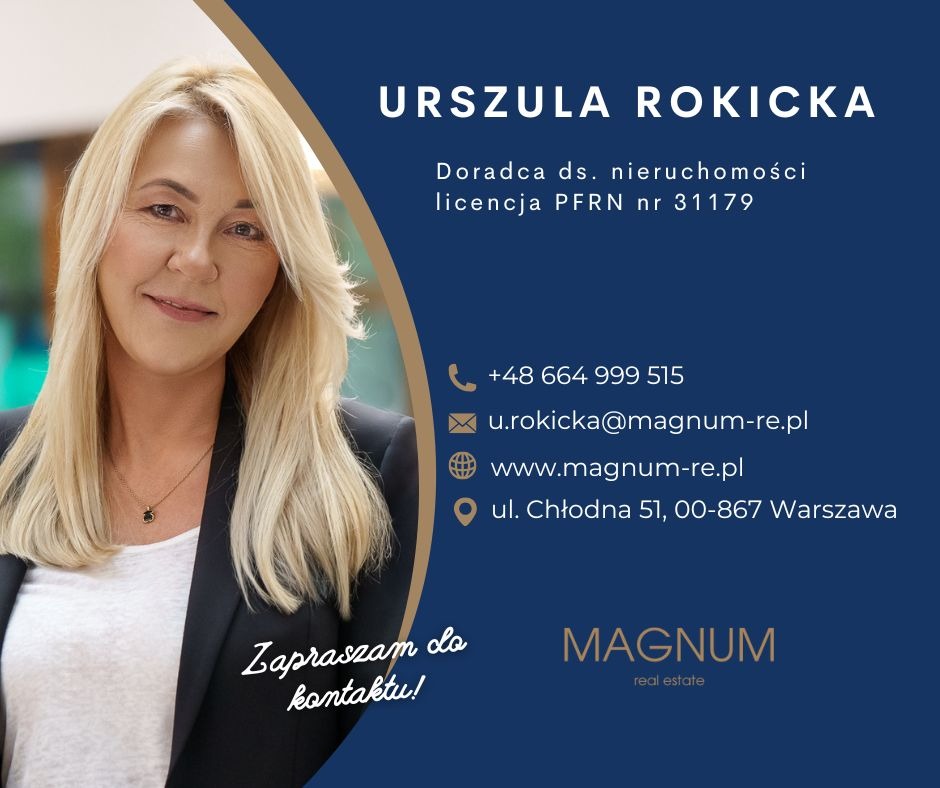 Portret pośredniczki nieruchomości Urszuli Rokickiej z danymi kontaktowymi i logo Magnum Real Estate na granatowym tle z elementami graficznymi.
