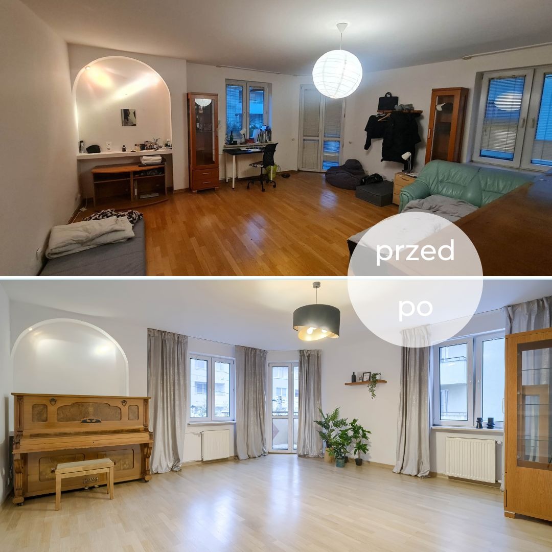 Mieszkanie przed i po odświeżeniu: widok na salon z drewnianą podłogą, pianinem i oknami. Porównanie stanu przed i po aranżacji wnętrza, ukazujące potencjał nieruchomości.