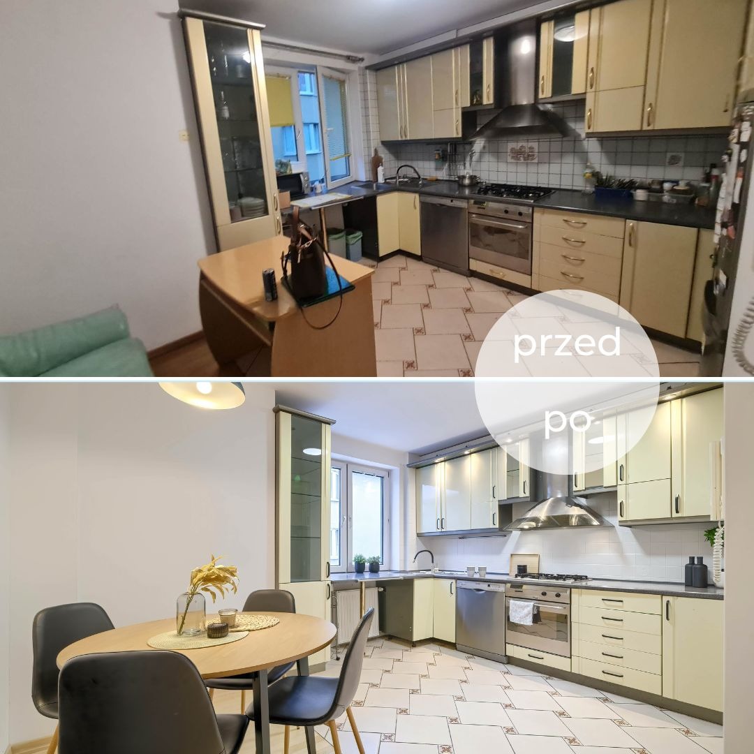 Remont kuchni: porównanie 'przed i po'. Odświeżone wnętrze z jasnymi meblami, nową armaturą i oświetleniem. Widoczne zmiany w układzie i stylu.