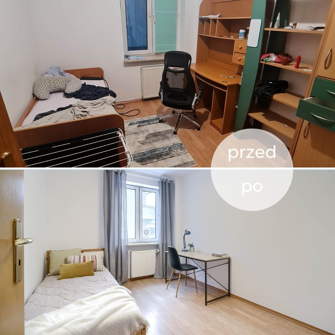 Pokój przed i po: bałagan na łóżku i biurku kontra czysta przestrzeń z nowym umeblowaniem i dodatkami, widok na okno z zasłonami.