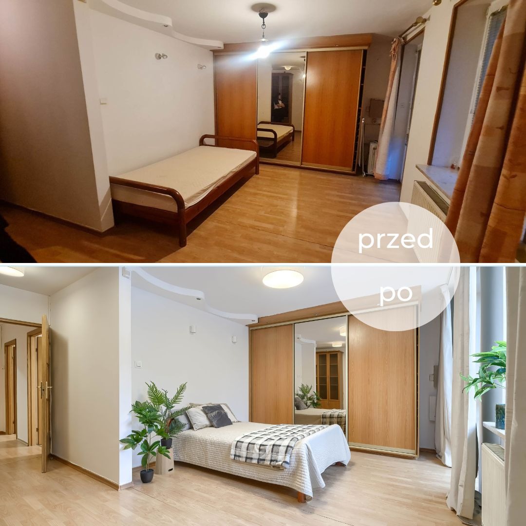 Zdjęcie pokoju przed i po odświeżeniu. Na górze: skromne wyposażenie. Na dole: odnowione wnętrze z roślinami i dekoracyjną pościelą, jasne ściany i podłoga.