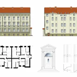 Rzut elewacji frontowej i tylnej budynku wielorodzinnego, plan typowego piętra oraz detale architektoniczne portalu wejściowego i sztukaterii.