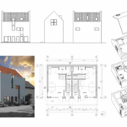 Projekt bliźniaka na bardzo wąskiej działce. Część usługowa na parterze i mieszkalna na piętrze i poddaszu.