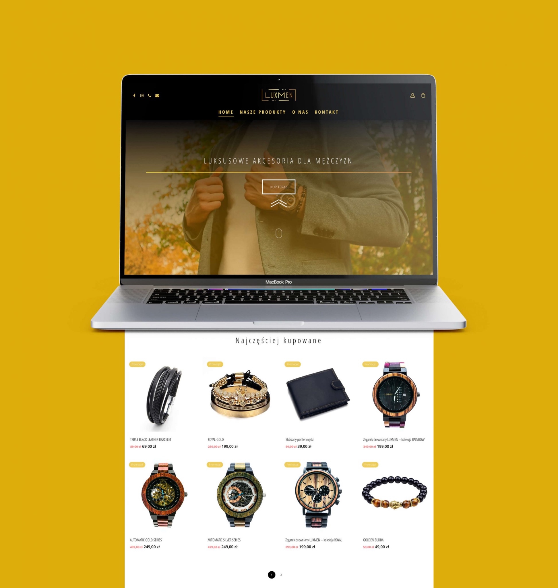 Laptop MacBook Pro wyświetlający stronę internetową sklepu Luxmen z luksusowymi akcesoriami dla mężczyzn, prezentującą ofertę produktów takich jak bransoletki, portfele i zegarki.