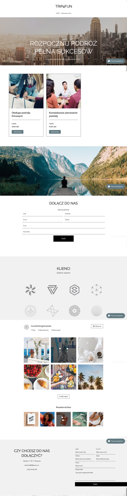 Strona internetowa firmy turystycznej Trip4Fun z widokiem na panoramę miasta, ofertami obsługi i planowania podróży, formularzem kontaktowym i logotypami klientów.