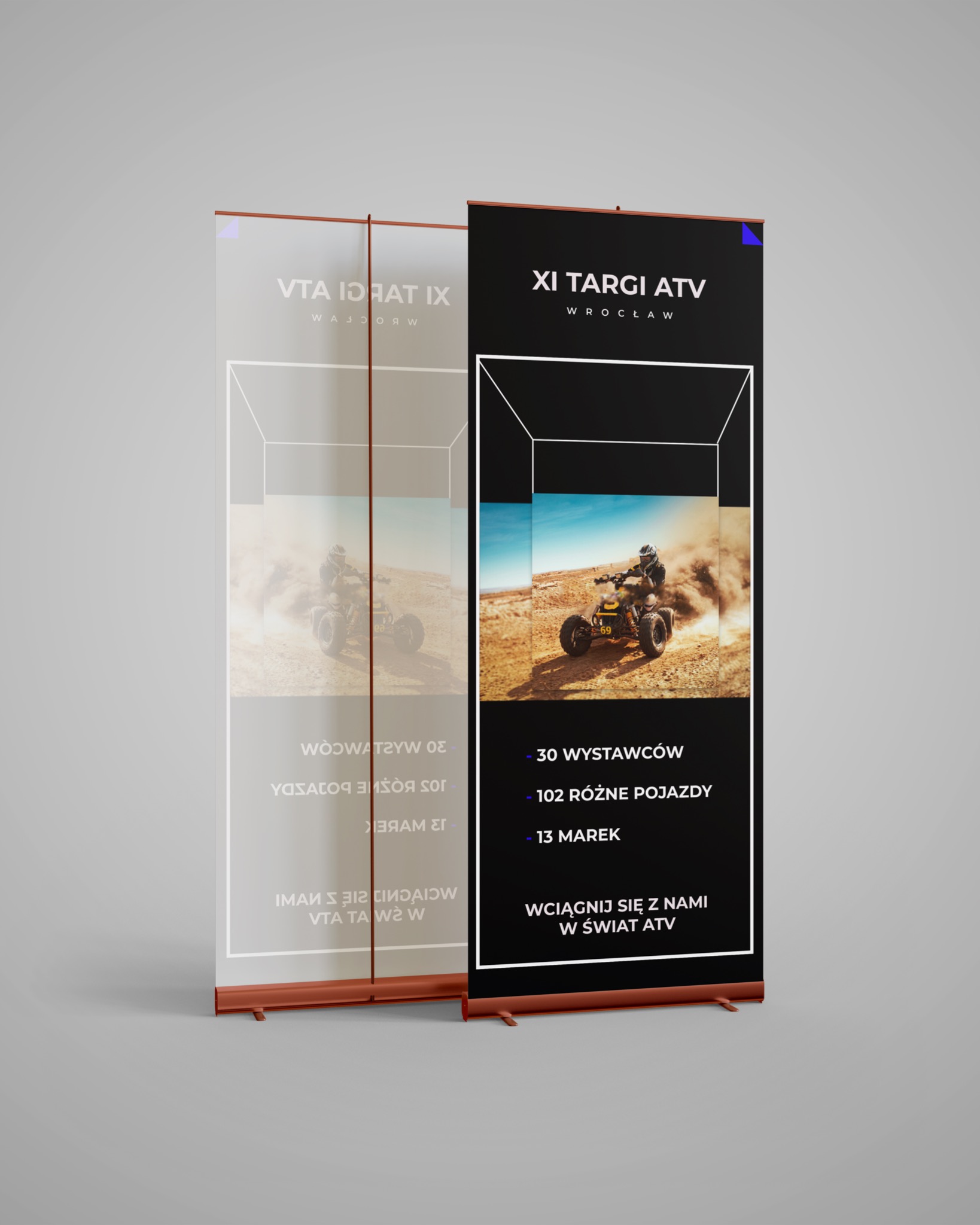Dwa roll-upy reklamowe prezentujące XI Targi ATV we Wrocławiu, z dynamicznym zdjęciem quada w terenie i informacjami o wystawcach, pojazdach i markach.