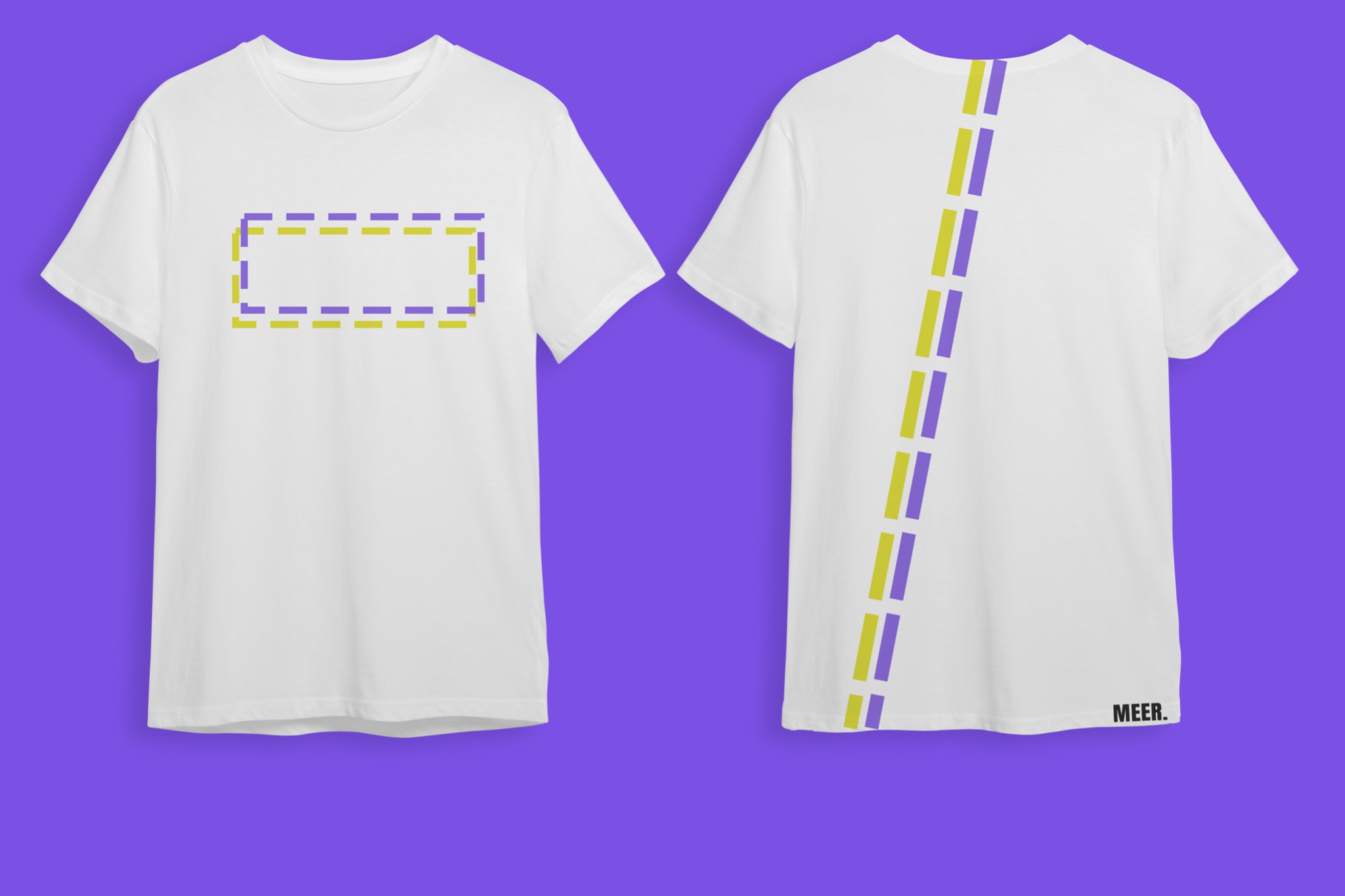 Dwa białe t-shirty z abstrakcyjnym, geometrycznym wzorem w kolorach fioletowym i żółtym, prezentowane na fioletowym tle. Jeden z przodu z prostokątną ramką z kropek, drugi z tyłu z pionowym pasem...