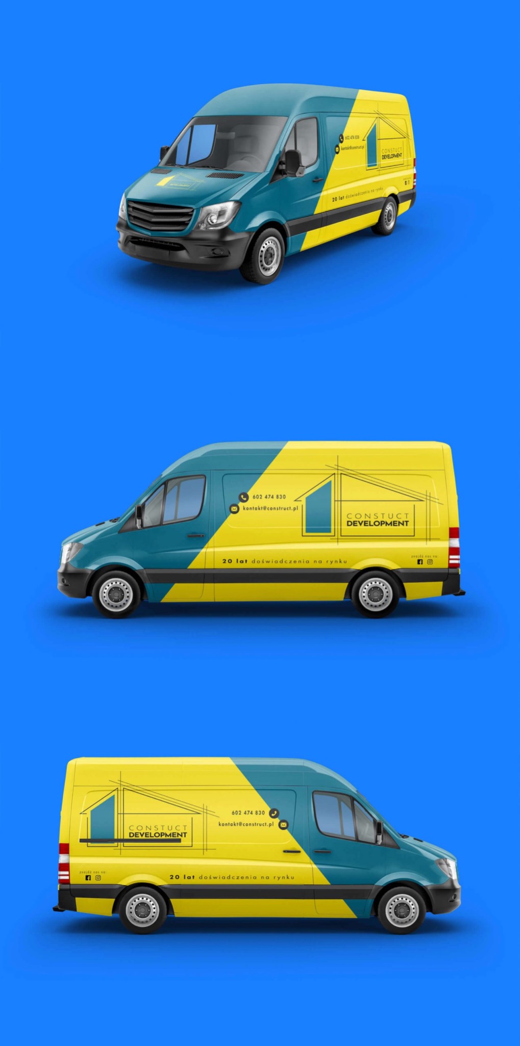 Wizualizacja oklejonego samochodu dostawczego firmy budowlanej Construct Development w kolorach żółto-turkusowych z logo firmy przedstawiającym zarys domu, numerem telefonu i adresem e-mail...